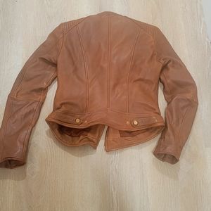 Zara brown faux leather moto jacket with gold detail